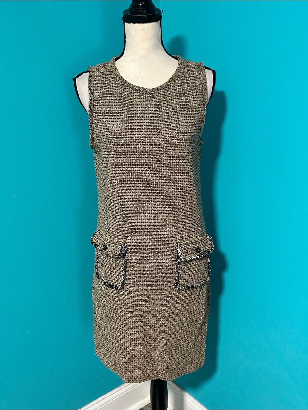 J. Jill SP Brown Tweed Sleeveless Fringe Hem Shift Dress